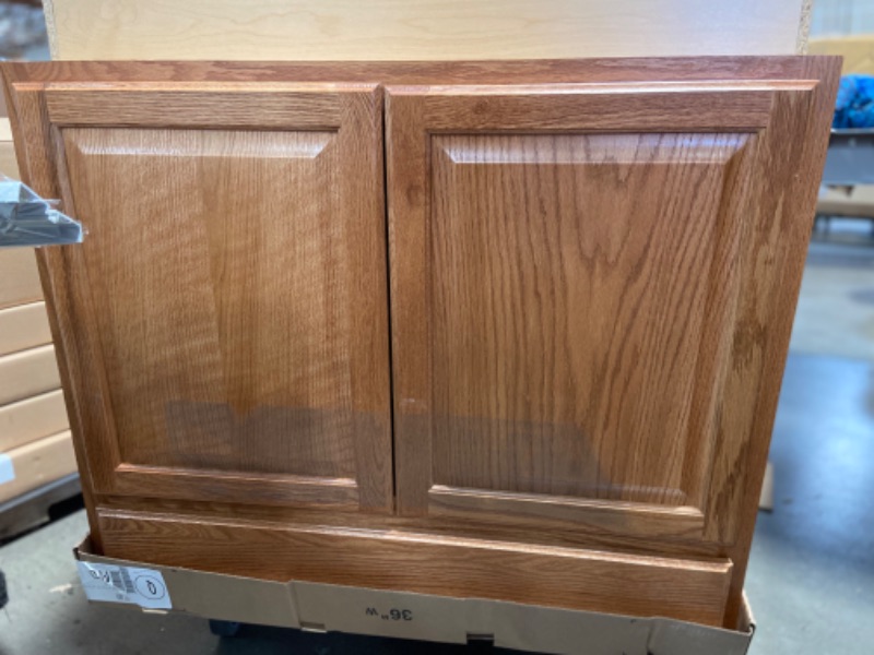 Photo 5 of *MINOR DAMAGED* Hampton Medium Oak Raised Panel Stock Assembled Base Kitchen Cabinet with Drawer Glides (36 in. x 34.5 in. x 24 in.)
