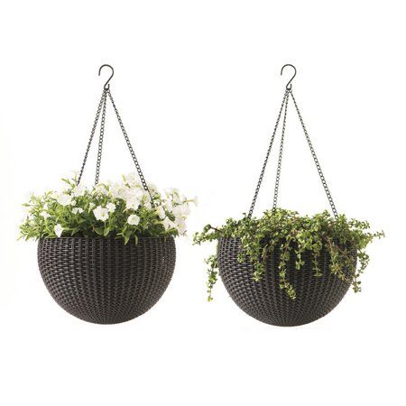 Photo 1 of 13.8 in. Dia Brown Resin Hanging Rattan Planter (2-Pack)
