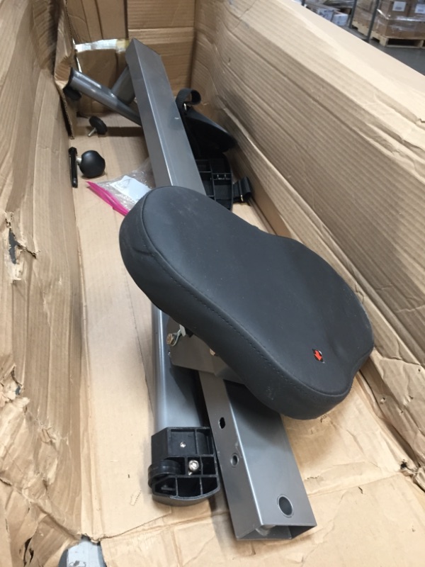 Photo 1 of **UNFUNCTIONAL PARTS ONLY**- Sunny Health & Fitness Compact Folding Magnetic Rowing Machine with LCD Monitor, Bottle Holder, 43 Inch Slide Rail, 285 LB Max Weight - Synergy Power Motion - SF-RW5801, Silver

