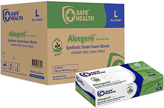 Photo 1 of 10 BOXES OF- * SAFE HEALTH Aloegenii Synthetic Green Vinyl Exam Gloves | Aloe Vera-Disposable | Free of Latex-Powder | Clinic-Nursing
