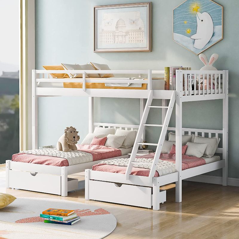 Photo 1 of **INCOMPLETE BOX 2 OF 3**- Can Divided 3 Beds,Full Over Twin and Twin Bunk Bed with Angled Ladder, Wood Triple Bed Frame with 2 Storage Drawers and Full-Length Guardrails for Kids, Teens, Adults (White)
