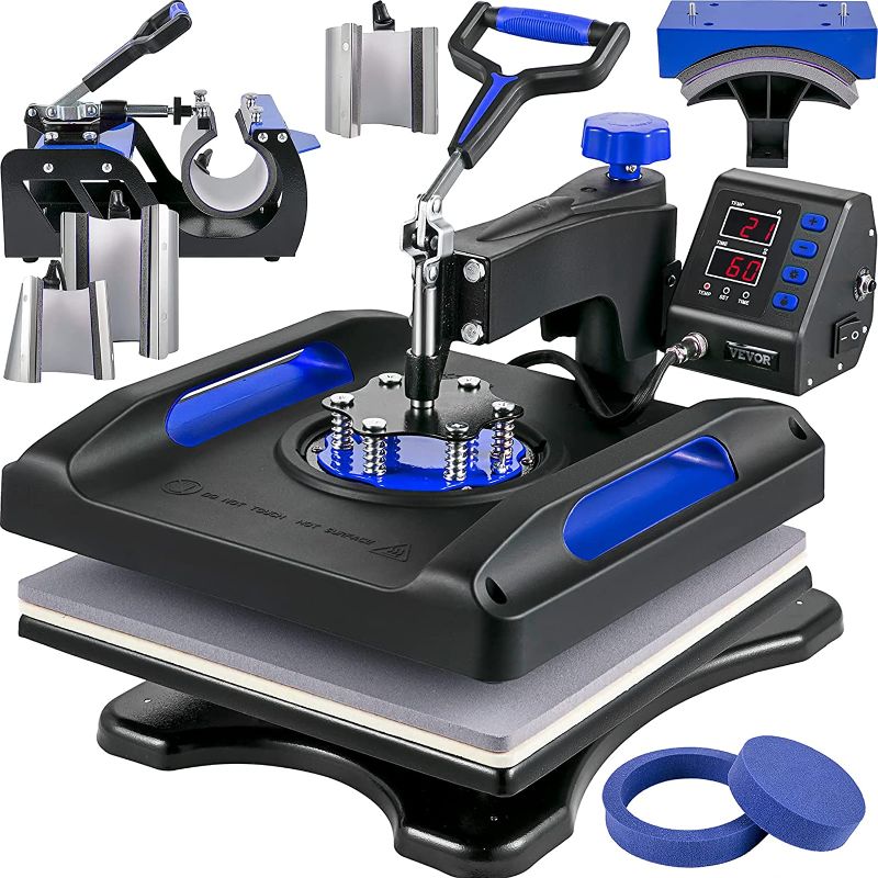 Photo 1 of **PARTS ONLY/INCOMPLETET**- VEVOR Heat Press Machine 15 x 15 Inch 8 in 1 Heat Press 800W Sublimation Machine 360° Rotation Swing Away 8 in 1 Shirt Printing Machine Dual-Tube Heating for DIY T-Shirts Cap & Mugs Blue
