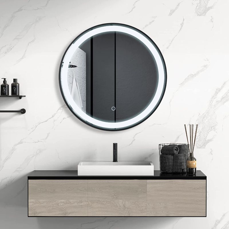 Photo 1 of LED Black Round Mirror for Bathroom - 24 Inch Bathroom Oval Mirror, Wall Mounted Mirror with Lights, Anti-Fog Vanity Mirror with Frame, Dimmable Circle Backlit Makeup Mirror, Waterproof Touch Button
