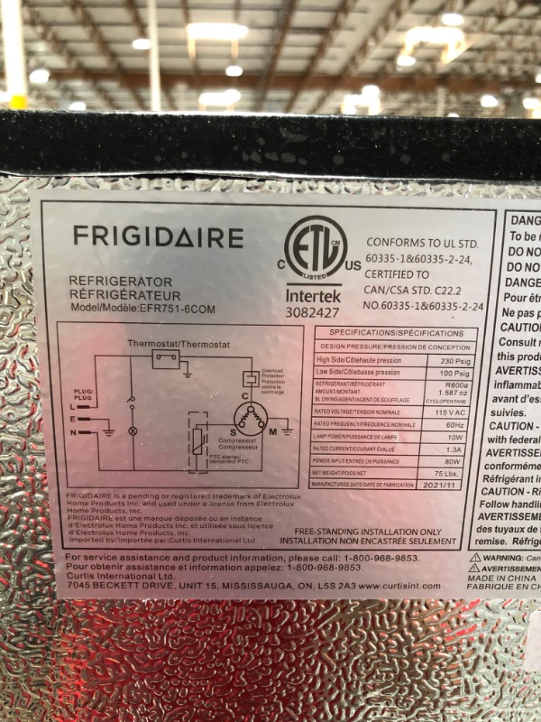 Photo 7 of **PARTS ONLY**
Frigidaire EFR751, 2 Door Apartment Size Refrigerator with Freezer, 7.2 cu ft, Platinum Series, Stainless Steel, 7.5
