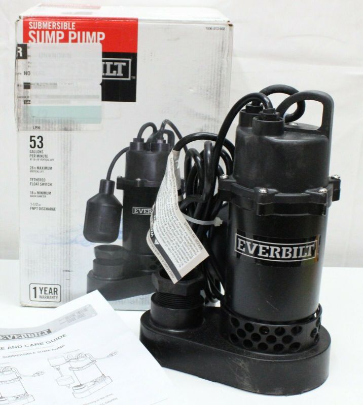 Photo 1 of Everbilt 1/2 HP Submersible Sump Pump w/ Tethered Switch 53GPM HDSP50W Used