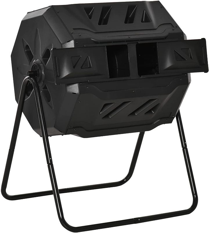 Photo 1 of ***MISSING DOOR PANEL*** Outsunny Tumbling Compost Bin Outdoor 360° Dual Chamber Rotating Composter 43 Gallon, Black