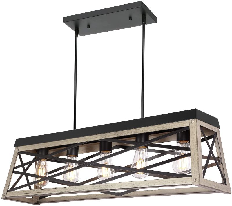 Photo 1 of 5-Light Kitchen Island Pendant Lighting, Farmhouse Dining Room Light Fixtures, 31 inch Linear Chandelier with Black & Wood Painting, ETL Listed
