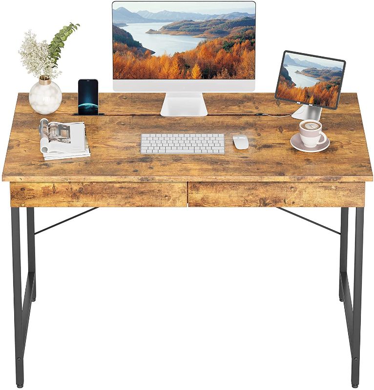 Photo 1 of INCOMP,LETE, Fezibo Computer Desk with 2 Storage Drawers, 47 inches with Gap Design for Home Office Writing Desk, Makeup Vanity Table, Rustic Brown
