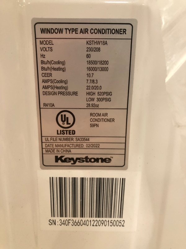 Photo 4 of DAMAGED, KEYSTONE 18,000 BTU 230V Window Air Conditioner | 16,000 BTU Supplemental Heating | Sleep Mode | Remote Control | 24H Timer | AC for Rooms up to 1000 Sq. Ft. | KSTHW18A
