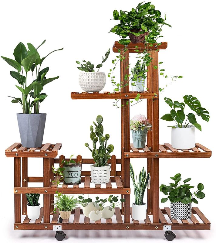 Photo 1 of  Wood Plant Stand Indoor Outdoor, Tall Plant Display Multi Tier Flowers Stands with Detachable Wheels, Flower Shelves with 3 Free Gardening Tools for Garden Office Living Room Balcony Patio Yard
