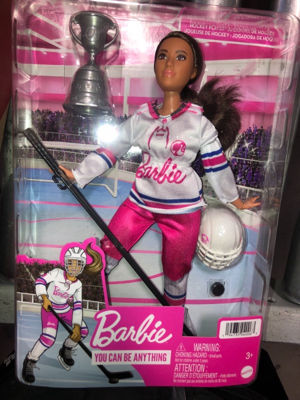 Photo 2 of Barbie Winter Sports Hockey Player Brunette Doll Curvy Shape (12 in) with Jersey Helmet Hockey Stick Puck & Trophy 
