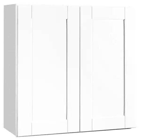 Photo 1 of (LOOSE DOOR HINGE; COSMETIC DAMAGE) Hampton Bay Shaker Satin White Stock Assembled Wall Kitchen Cabinet (30 in. x 30 in. x 12 in.)