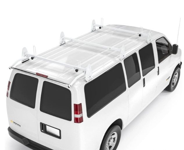 Photo 1 of (Incomplete - Parts Only) Steel Three-Bar Van Ladder Roof Racks with Middle Adjustable Bar and Cargo Roller - White
