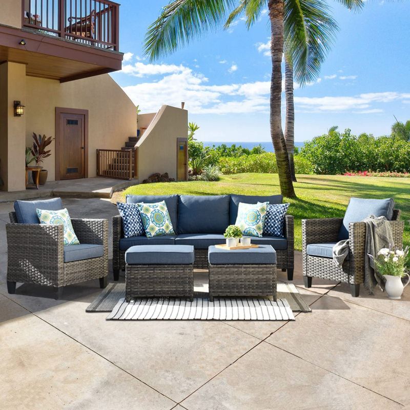 Photo 1 of (Incomplete - "Box 2" Only) XIZZI Patio Furniture Sets Outdoor Conversation Set 5 Piece All Weather Wicker Sofa Sectional with Ottomans and 2 Pillows for Garden Backyard Deck,Grey Wicker Denim Blue
