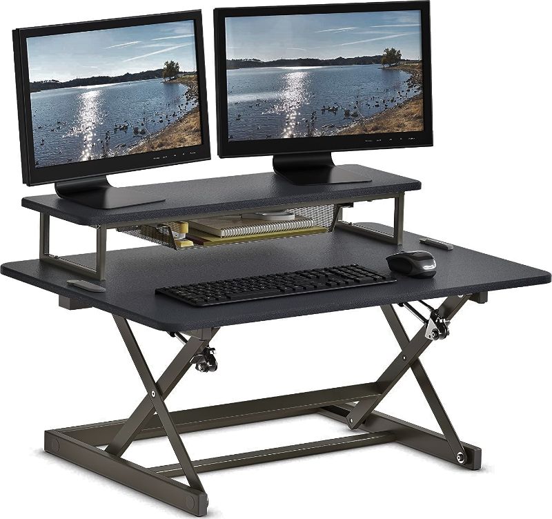 Photo 1 of SHW 36-Inch Height Adjustable Standing Desk Converter Sit to Stand Riser Workstation, Black 
