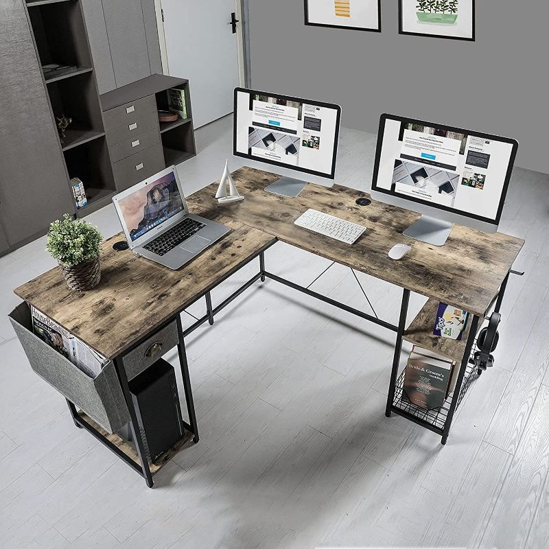 Photo 1 of 88.5inch L-Shaped Computer Desk with Storage Shelves Drawer, Home Office Writing Corner Desk, 2 Person Long Desk PC Laptop Workstation with Hooks Storage Bag Cable Hole
