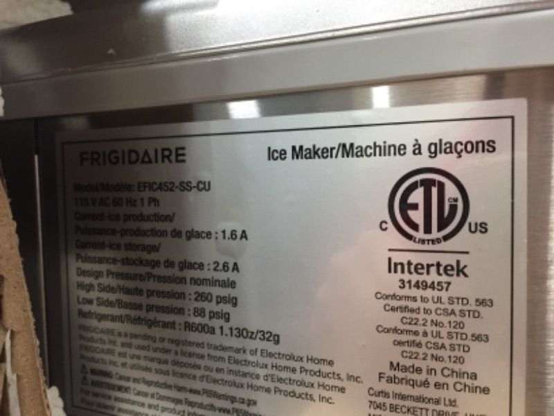 Photo 3 of ***PARTS ONLY*** FRIGIDAIRE 40 LBS EXTRA LARGE CLEAR MAKER, STAINLESS STEEL, MAKES SQUARE ICE ( EFIC452-SS)
