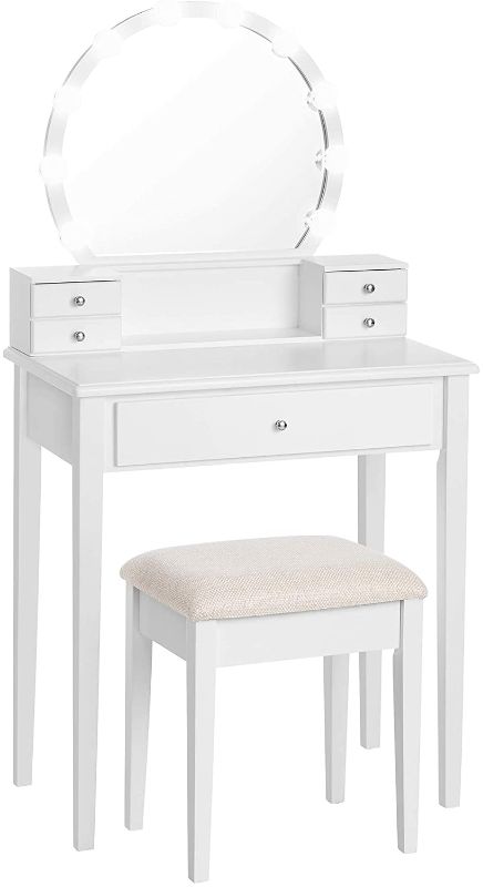 Photo 1 of ***PARTS ONLY*** VASAGLE Vanity Set Dressing Table with Mirror, 10 Light Bulbs, Stool 5 Drawers, 27.6 x 15.7 x 52.8 inches, White
