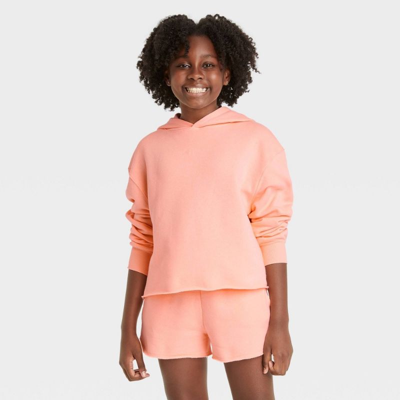 Photo 1 of Kid' Fleece Raw Edge Boxy Cropped Hoodie - Art Cla™ Light Peach XTRA SMALL 
