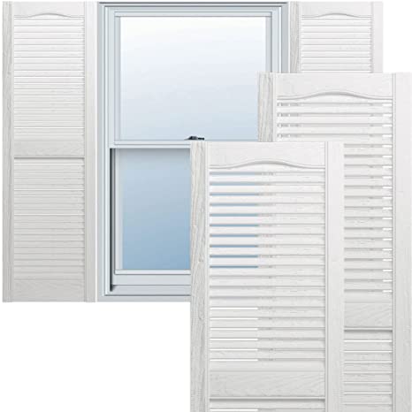 Photo 1 of  Standard Cathedral Top Center Mullion, Open Louver Vinyl Shutters, Includes Matching Installation Spikes (Per Pair), 001, 17 in. W x 41 in. H, White
