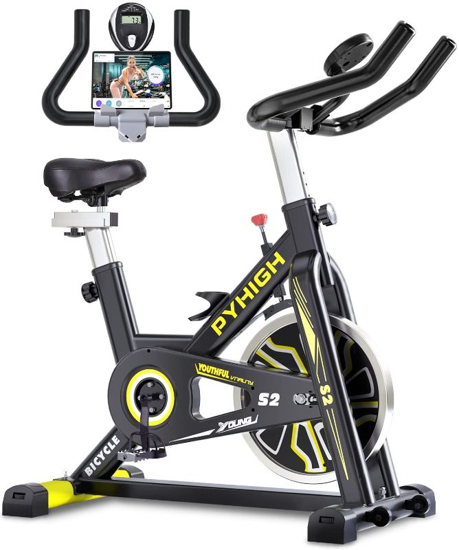 Photo 1 of  PYHIGH Stationary Exercise Bike for Home Indoor Cycling Bikes Excersize Bike Comfortable Seat Cushion Belt Drive Ipad Holder with LCD Monitor Cardio Workout Fitness Machine
- Missing hardware 

