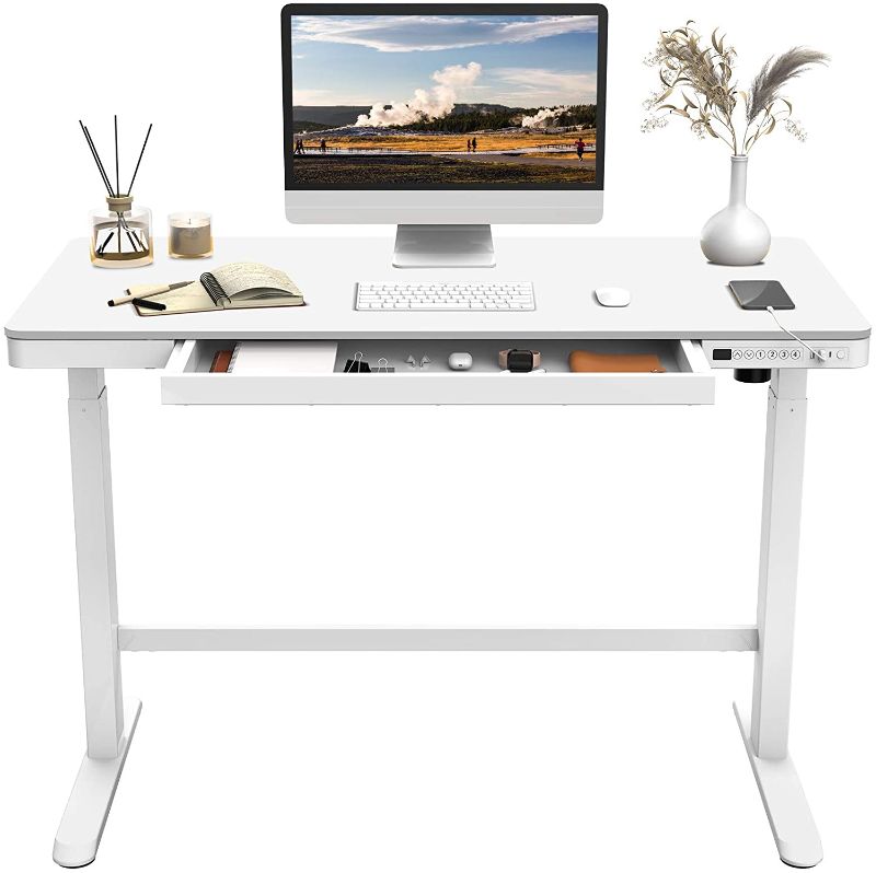 Photo 1 of FLEXISPOT EW8 Comhar Electric Standing Desk with Drawers Charging USB A to C Port, Height Adjustable 48" Whole-Piece Quick Install Home Office Computer Laptop Table with Storage (White Top + Frame)
