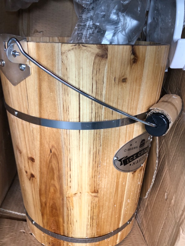 Photo 1 of Elite Gourmet EIM916 Old Fashioned 6 Quart Vintage Wood Bucket Electric Maker Machine Appalachian, Bonus Classic Die-Cast Hand Crank, Uses Rock Salt Churns...
