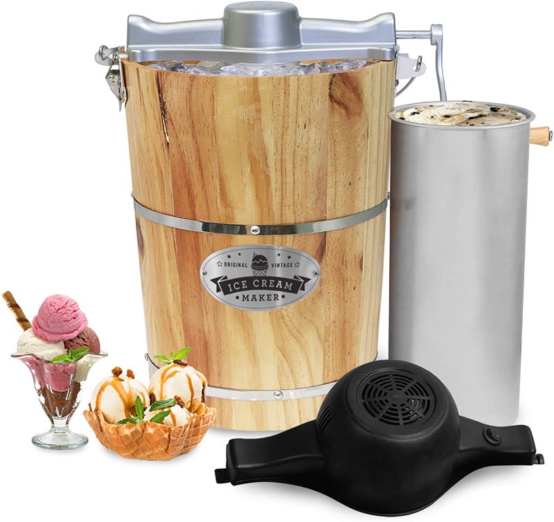 Photo 1 of Elite Gourmet EIM916 Old Fashioned 6 Quart Vintage Wood Bucket Electric Maker Machine Appalachian, Bonus Classic Die-Cast Hand Crank, Uses Rock Salt Churns...
