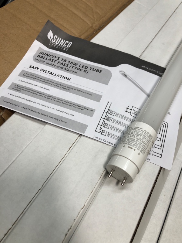 Photo 3 of Sunco Lighting 10 Pack T8 LED 4FT Tube Light Bulbs Ballast Bypass Fluorescent Replacement, 5000K Daylight, 18W, Frosted Cover, Retrofit, Single Ended Power (SEP), Commercial Grade – UL
