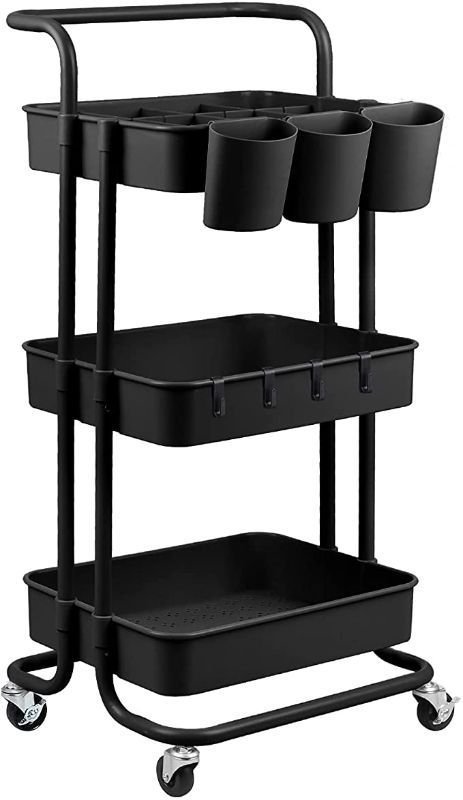 Photo 1 of alvorog 3-Tier Rolling Utility Cart Storage Shelves Multifunction Storage Trolley Service Cart with Mesh Basket Handles and Wheels Easy Assembly for Bathroom, Kitchen, Office (Black)
16.9"D x 14.2"W x 34"H
