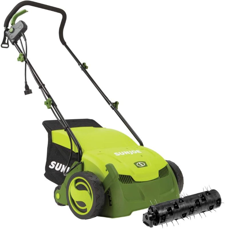 Photo 1 of ***PARTS ONLY*** Sun Joe AJ801E 12-Amp 13-Inch Electric Dethatcher and Scarifier w/Removeable 8-Gallon Collection Bag, 5-Position Height Adjustment, Airboost Technology Increases Lawn Health, 13 inch, Green
