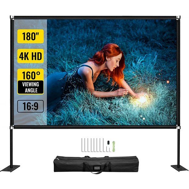 Photo 1 of  Projector Movie Screen with Stand 180 inch Portable Movie Screen 16:9 4K HD Wide Angle Easy Assembly Projector Screen Stand with Storage Bag Nails Ropes for Both Indoor and Outdoor Using