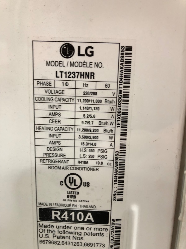 Photo 3 of (UNABLE TO TEST DUE TO PLUG; DAMAGED CORD; SCRATCHED) LG Electronics 11,200 BTU 230-Volt Through-the-Wall Air Conditioner LT1237HNR with Heat and Remote in White
