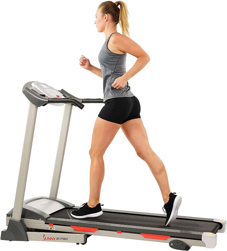 Photo 1 of **DAMAGED FROM SHIPPING** Sunny Health & Fitness Exercise Treadmills, Motorized Running Machine for Home with Folding, Easy Assembly, Sturdy, Portable and Space Saving - SF-T7603, Grey
