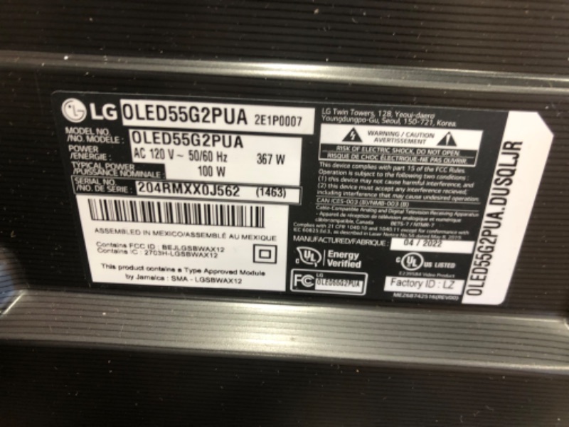 Photo 7 of PARTS ONLY NON REFUNDABLE DID NOT POWER ON 
LG OLED Evo G2 Series 55” Alexa Built-in 4k Smart TV (3840 x 2160), 120Hz Refresh Rate, AI-Powered 4K, Dolby Cinema, WiSA Ready, Cloud Gaming (OLED55G2PUA, 2022)