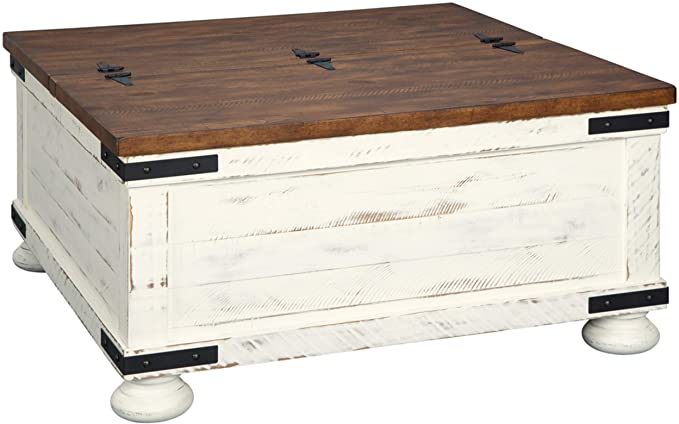 Photo 1 of (DAMAGED HINGES; COSMETIC DAMAGES) 
Signature Design by Ashley Wystfield Farmhouse Square Storage Coffee Table with Hinged Lift Top, Distressed White
