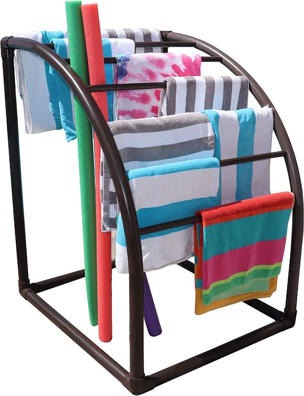 Photo 1 of 7 Bar Curved PVC Towel Rack - Free Standing Poolside Storage Organizer - Also Stores Floats, Paddles and Noodles - Brown Style 144574
