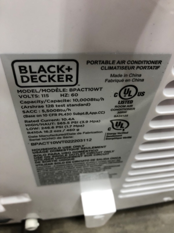 Photo 7 of ***PARTS ONLY*** BLACK+DECKER 10,000 BTU Portable Air Conditioner with Remote Control, White