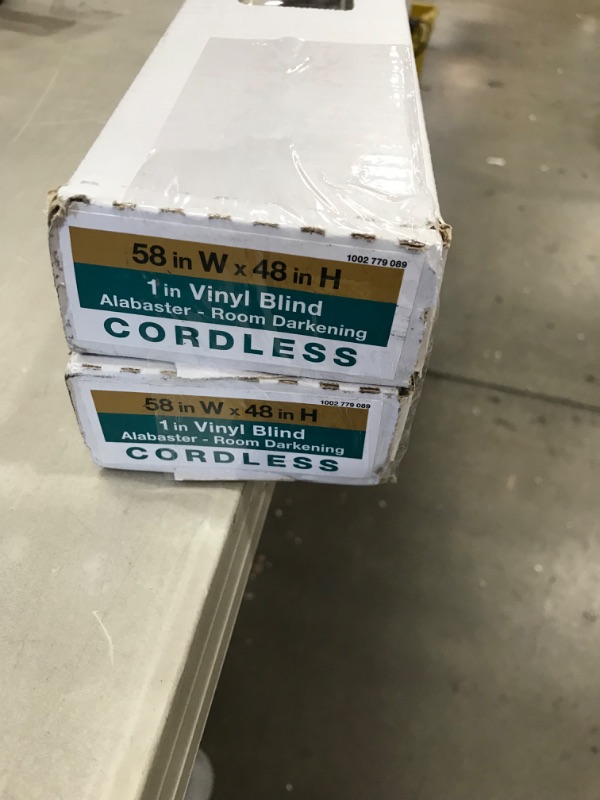 Photo 3 of 2 items 
Hampton Bay Alabaster Cordless Room Darkening 1 in. Vinyl Mini Blind for Window or Door - 58 in. W x 48 in. L
(x2)
