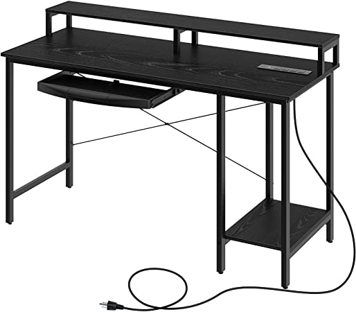 Photo 1 of Rolanstar Computer Desk with Power Outlet and Monitor Stand Shelf, 47” Home Office PC Desk with Keyboard Tray and USB Ports Charging Station, Desktop Table, Stable Metal Frame Workstation, Black