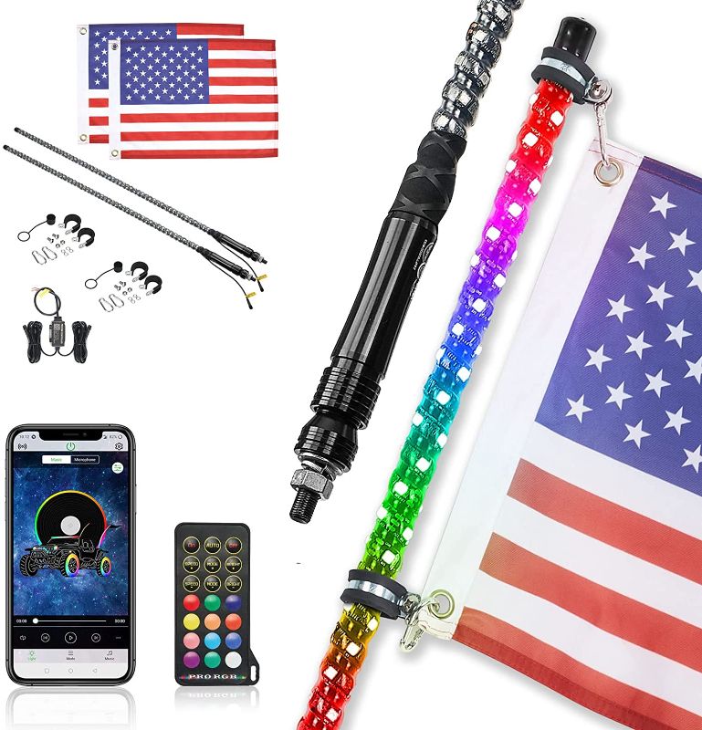 Photo 1 of  LED Whip Lights for UTV ATV with Bluetooth and USA Flag Pole,366+ Lighting Modes Spiral RGB Chasing Lighted Whips Antenna Compatible with Can-Am RZR Polaris UTV ATV Accessories,2pcs 3ft