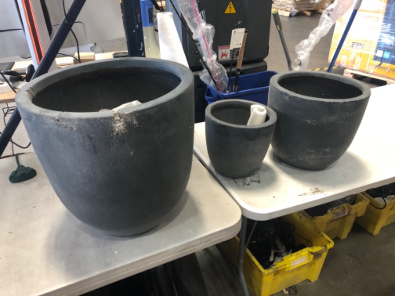 Photo 2 of (CHIPPED/DAMAGED EDGES) Kante RC0050ABC-C60121 Lightweight Concrete Modern Seamless Outdoor Round Planter, 18" W + 14" W + 10" W, Granite
