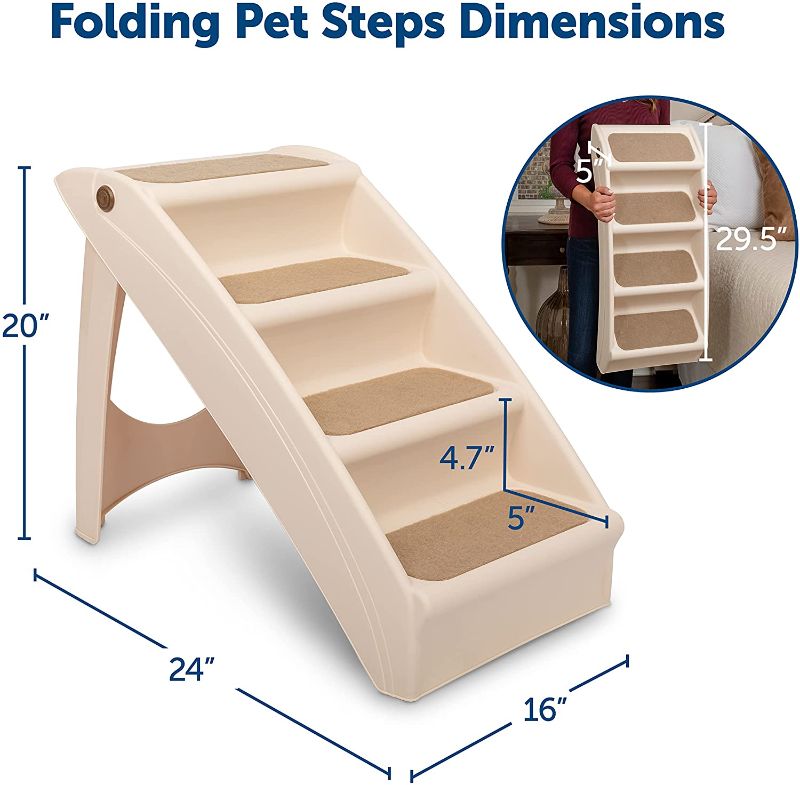 Photo 1 of  Folding Dog Stairs - Pet Stairs for Indoor/Outdoor at Home or Travel - Dog Steps for High Beds - Pet Steps with Siderails, Non-Slip Pads - Durable, Support up to 150 lbs - Large, Tan