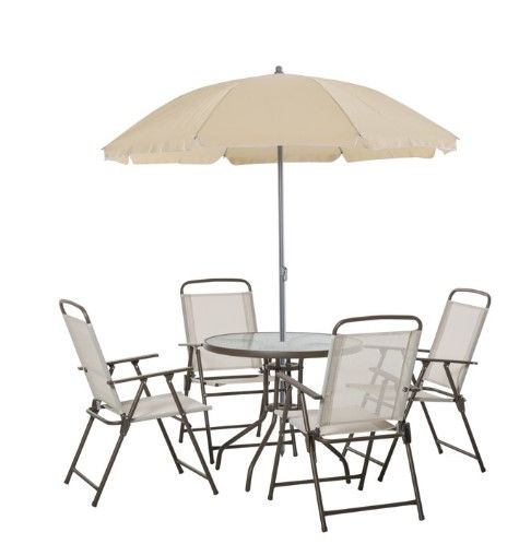 Photo 1 of *MISSING COMPONENTS**- Outsunny 6pc Patio Dining Furniture Set with Included Umbrella, 4 Folding Dining Chairs & a Glass-Top Dinner Table
