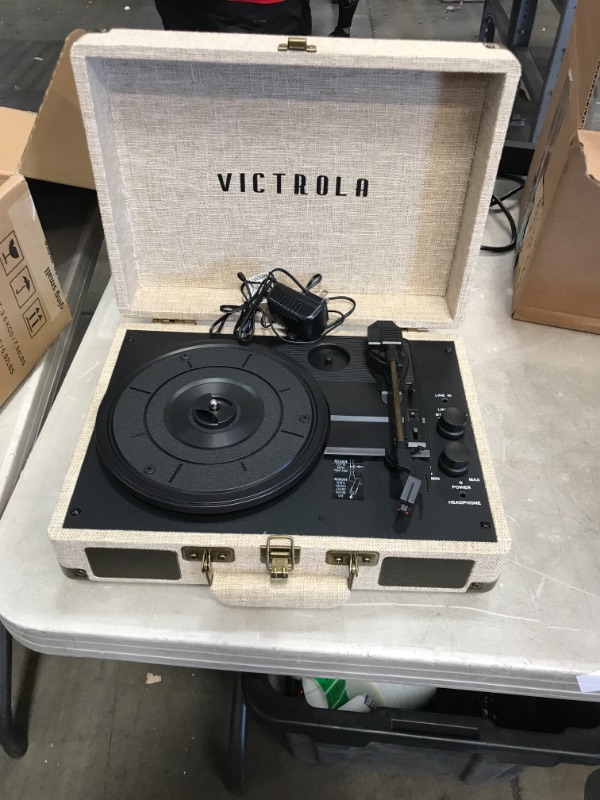 Photo 3 of Victrola Vintage 3-Speed Bluetooth Portable Suitcase Record Player with Built-in Speakers | Upgraded Turntable Audio Sound| Includes Extra Stylus | Light Beige Linen
