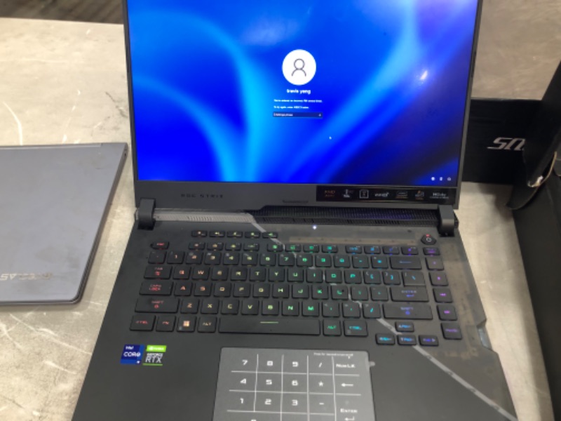 Photo 2 of ASUS ROG Strix Scar 15 (2022) Gaming Laptop, 15.6” 300Hz IPS FHD Display, NVIDIA GeForce RTX 3070 Ti,Intel Core i9 12900H, 16GB DDR5, 1TB SSD, Per-Key RGB Keyboard, Windows 11 Home, G533ZW-AS94
- Has password lock on computer 