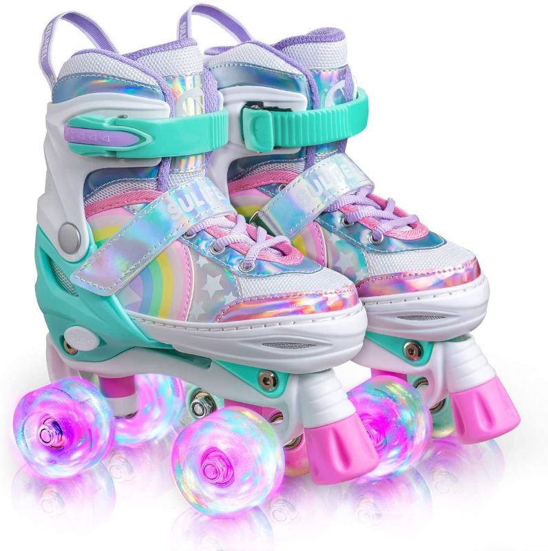 Photo 1 of FYHART Rainbow Unicorn 4 Size SMALL Light up Roller Skates for Girls Boys for Kids
HELMET AND PADS INCLUDED 