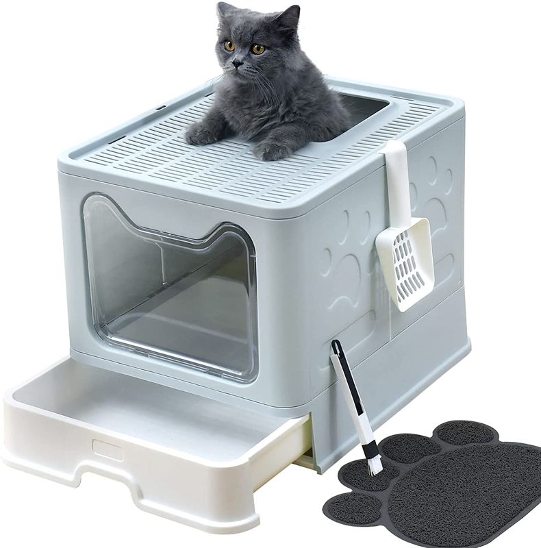 Photo 1 of  Top Entry Cat Litter Box with Lid?Large Foldable Litter Box with Cat Litter Box Mat , Litter Scoop , Cleaning Brush
