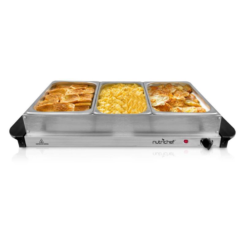 Photo 1 of NutriChef 3-Burner 15 in. Stainless Steel Food Warming Tray / Buffet Server / Hot Plate, Silver
