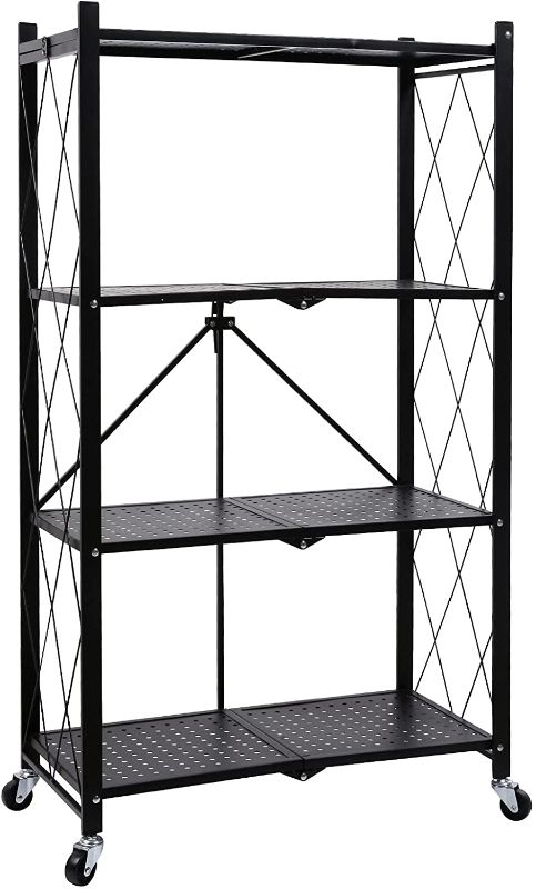 Photo 1 of *MISSING WHEELS** HealSmart 4-Tier Heavy Duty Foldable Metal Rack Storage Shelving Unit with Wheels Moving Easily Organizer Shelves Great for Garage Kitchen Holds up to 1000 lbs Capacity, Black
